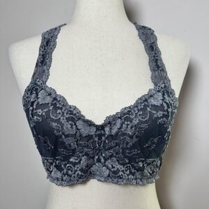 Free People Bralette Medium Gray Lace Floral Sheer Racerback Dark Fairy Romantic